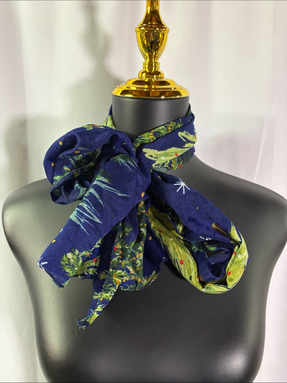 Blue & Green Metallic Christmas Tree Print Lightweight Skinny Scarf